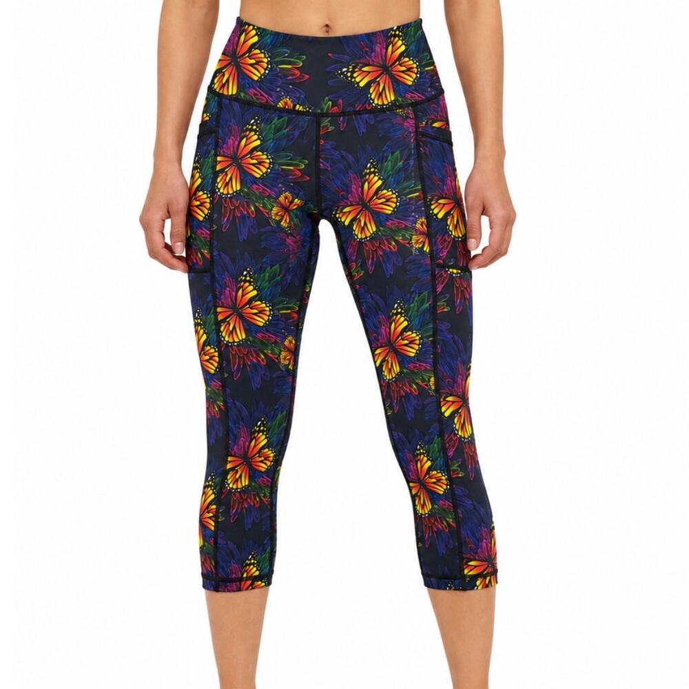 CVG Cropped Butterfly Leggings XS Colorful Monarch Print High Rise Pockets NWOT